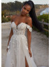 Ivory Floral Lace Glitter Tulle Slit Stunning Wedding Dress